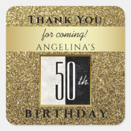 Pegatina Cuadrada Cumpleaños 50 Brillante Dorado Negro y Blanco Grac