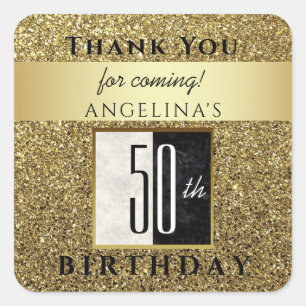 Pegatina Cuadrada Cumpleaños 50 Brillante Dorado Negro y Blanco Grac