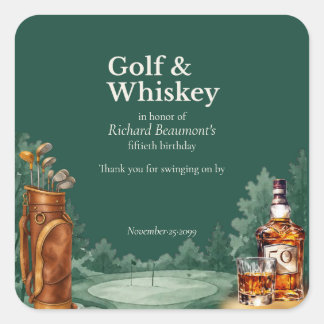 Pegatina Cuadrada Cumpleaños 50 de hombre con estilo de golf y whisk