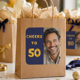 Pegatina Cuadrada cumpleaños 50 felicitaciones a 50 globo azul marin