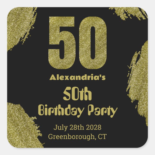 Pegatina Cuadrada Cumpleaños 50 negro brillo dorado fiesta (Anverso)