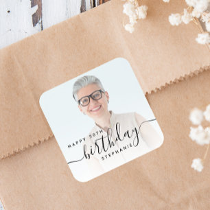 Pegatina Cuadrada Cumpleaños 50 Personalizado Foto Letra Negra