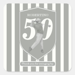 Pegatina Cuadrada Cumpleaños 50 Vintage Preppy Golfer Gris Blanco