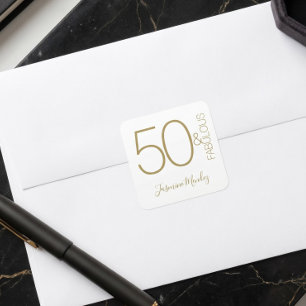 Pegatina Cuadrada Cumpleaños 50 y Fabuloso Dorado Blanco Moderno y