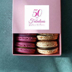 Pegatina Cuadrada Cumpleaños 50 y fabuloso guión Rosa fiesta de cump
