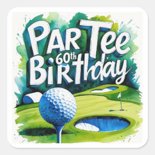 Pegatina Cuadrada Cumpleaños 60 del golfista con bola de golf en el