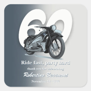 Pegatina Cuadrada Cumpleaños 60 Viaje en Moto Clásica Rápido