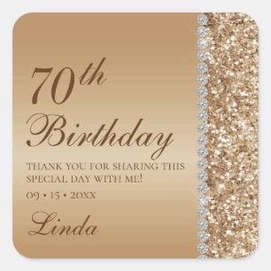 Pegatina Cuadrada Cumpleaños 70 Elegante en Oro