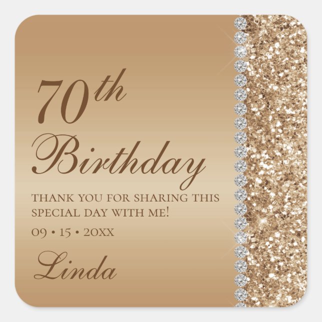 Pegatina Cuadrada Cumpleaños 70 Elegante en Oro (Anverso)