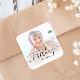 Pegatina Cuadrada Cumpleaños 70 Personalizado con Foto y Letra Negra