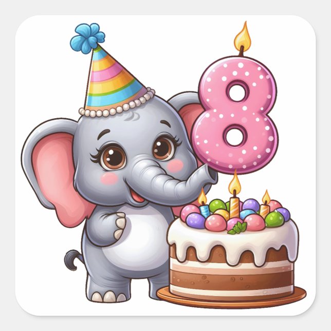 Pegatina Cuadrada Cumpleaños 8 de elefante lindo (Anverso)