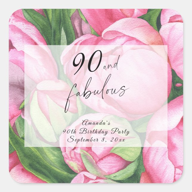 Pegatina Cuadrada Cumpleaños 90 Peonías Rosas (Anverso)