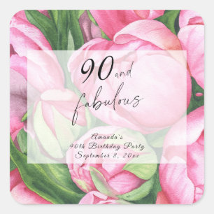 Pegatina Cuadrada Cumpleaños 90 Peonías Rosas