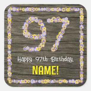 Pegatina Cuadrada Cumpleaños 97: Número Floral, apariencia de madera