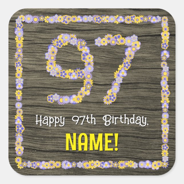 Pegatina Cuadrada Cumpleaños 97: Número Floral, apariencia de madera (Anverso)