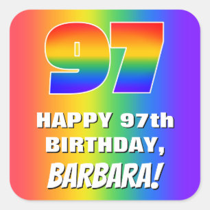Pegatina Cuadrada Cumpleaños 97: Patrón arcoiris colorido y divert