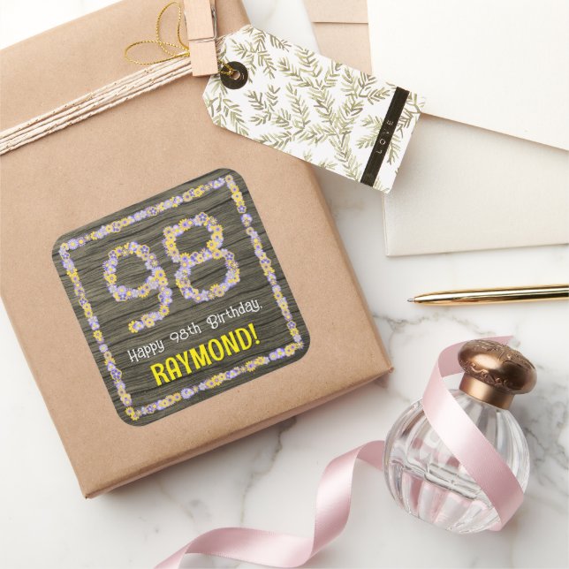 Pegatina Cuadrada Cumpleaños 98: Número Floral, apariencia de madera (Regalar)