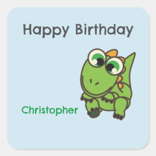 Pegatina Cuadrada Cumpleaños azul dinosaurios verdes lindos personal
