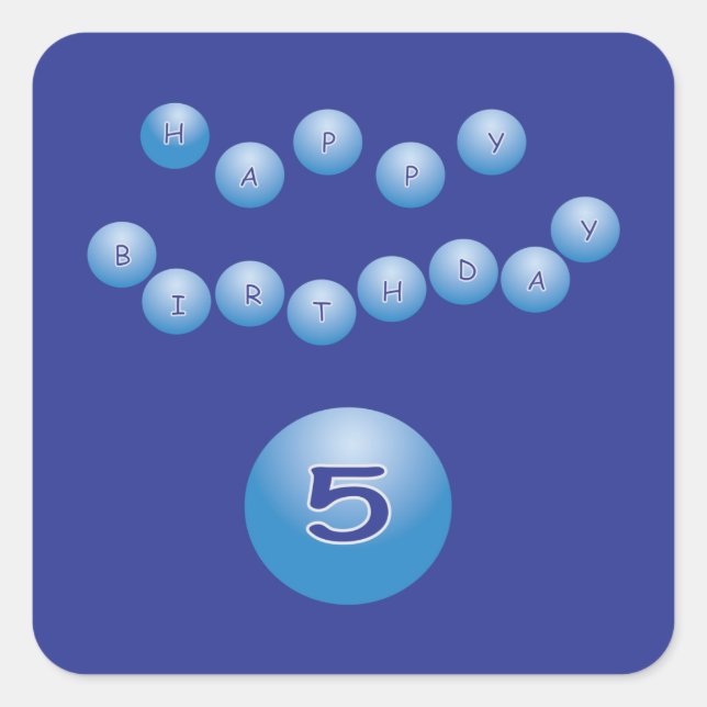 Pegatina Cuadrada Cumpleaños Azul para niño de 5 años (Anverso)