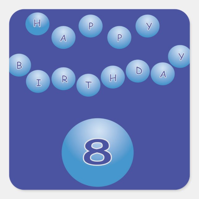 Pegatina Cuadrada Cumpleaños Azul para niño de 8 años (Anverso)