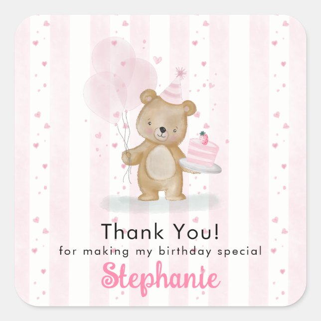Pegatina Cuadrada Cumpleaños Beary Dulce (Anverso)
