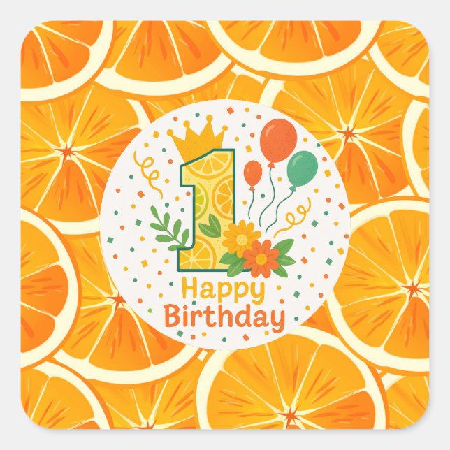 Pegatina Cuadrada Cumpleaños Brillante de Citrus (Anverso)