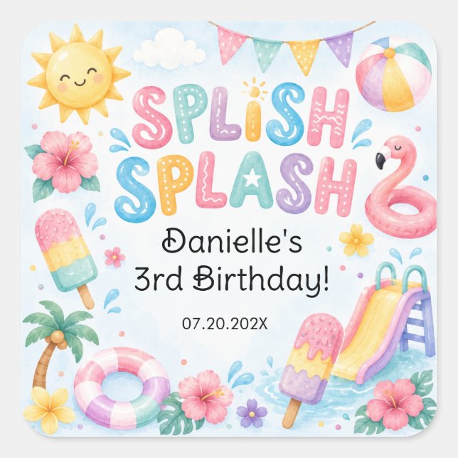 Pegatina Cuadrada Cumpleaños caprichoso de acuarela Splash  (Anverso)