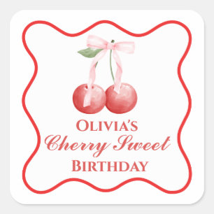 Pegatina Cuadrada Cumpleaños Cherry Sweet lazo rosa Gingham