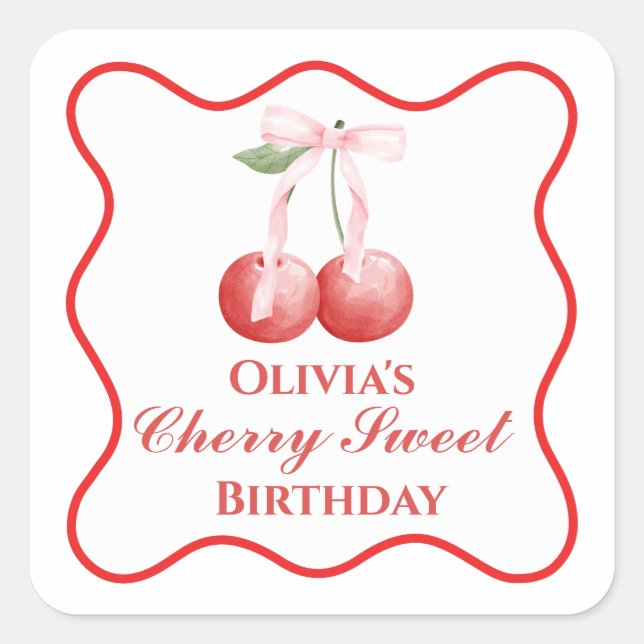 Pegatina Cuadrada Cumpleaños Cherry Sweet lazo rosa Gingham (Anverso)