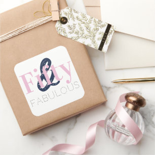 Pegatina Cuadrada Cumpleaños Chic 50 Cincuenta y Fabuoso Fiesta Rosa