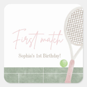 Pegatina Cuadrada Cumpleaños clásico de tenis rosa primero Preppy Fi