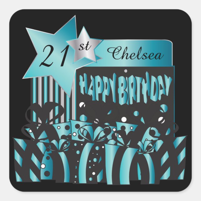 Pegatina Cuadrada Cumpleaños Clásico | DIY Name & Age | Turquesa (Anverso)