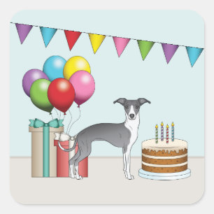 Pegatina Cuadrada Cumpleaños Colorido de Galgo Italiano Blanco y Azu