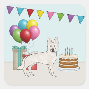 Pegatina Cuadrada Cumpleaños colorido de perro pastor alemán blanco