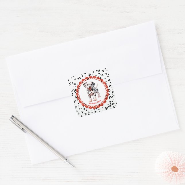 Pegatina Cuadrada Cumpleaños con estampado de dálmata | Fiesta de ne (Sobre)