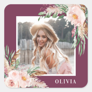Pegatina Cuadrada Cumpleaños con foto floral femenino rosa púrpura