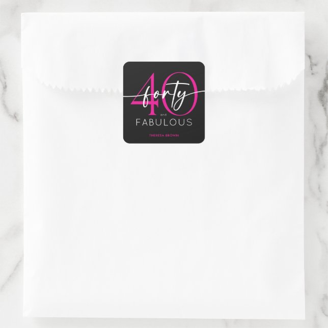 Pegatina Cuadrada Cumpleaños con letra script fabulosa cuarenta rosa (Bolso)
