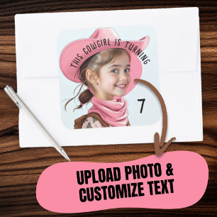 Pegatina Cuadrada Cumpleaños con tema de vaquera rosa con foto perso