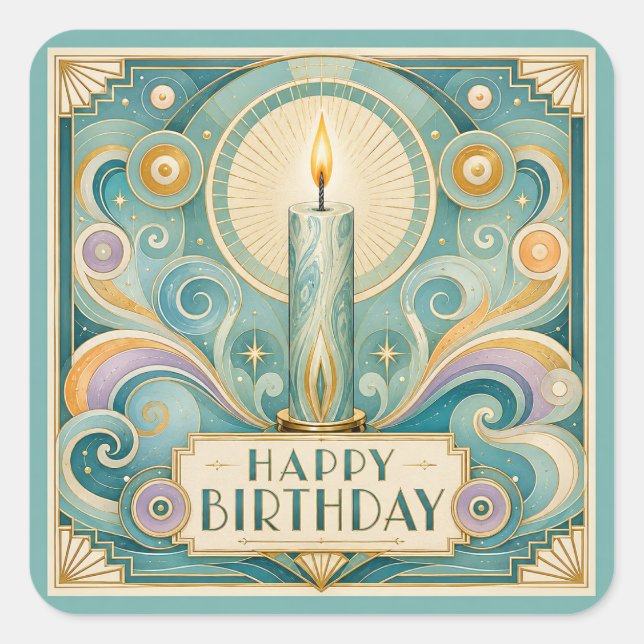 Pegatina Cuadrada Cumpleaños con vela iluminada Art Déco (Anverso)