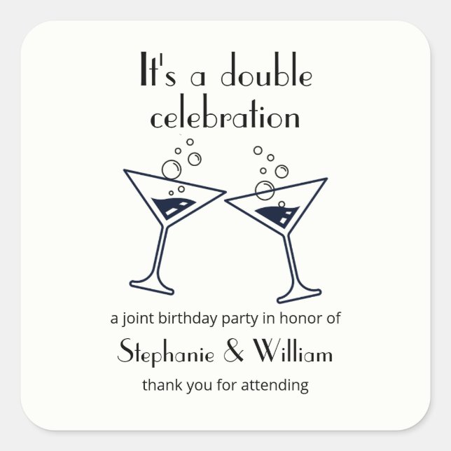Pegatina Cuadrada Cumpleaños conjunto de la celebración doble blanca (Anverso)