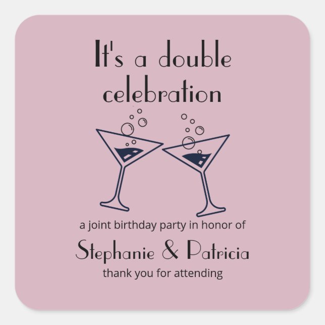 Pegatina Cuadrada Cumpleaños conjunto de la celebración doble púrpur (Anverso)