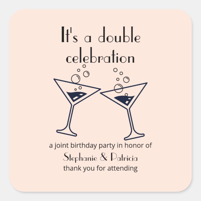 Pegatina Cuadrada Cumpleaños conjunto de la celebración doble rosada (Anverso)