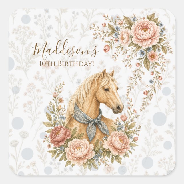 Pegatina Cuadrada Cumpleaños Cowgirl Blue (Anverso)