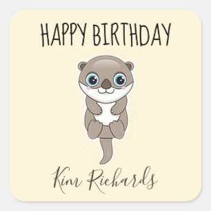Pegatina Cuadrada Cumpleaños crema de nutria marrón lindo