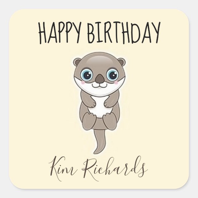 Pegatina Cuadrada Cumpleaños crema de nutria marrón lindo (Anverso)