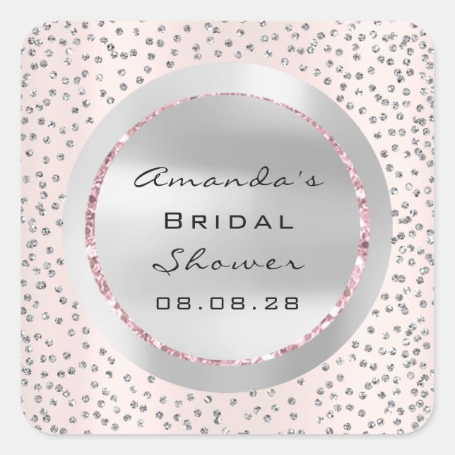 Pegatina Cuadrada Cumpleaños de 16 años Rosa Brillante Gris Confeti  (Anverso)