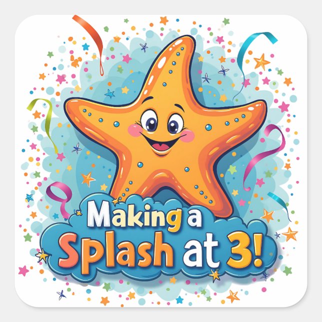 Pegatina Cuadrada Cumpleaños de 3 años de Starfish haciendo una gran (Anverso)