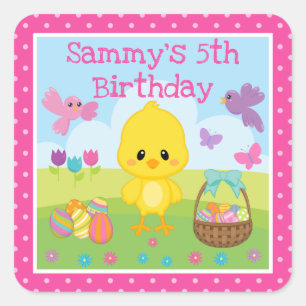Pegatina Cuadrada Cumpleaños de adorable pollito de Pascua de primav