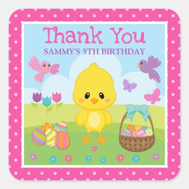 Pegatina Cuadrada Cumpleaños de adorable pollito de Pascua de primav (Anverso)