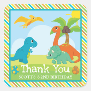 Pegatina Cuadrada Cumpleaños de amigos de dinosaurios coloridos lind